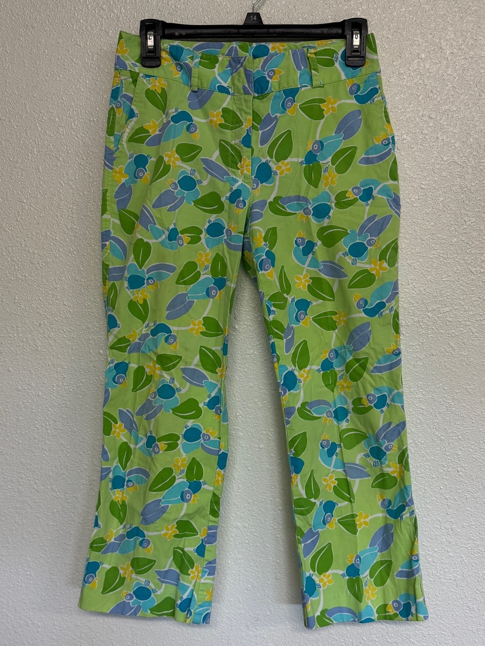 Lilly Pulitzer Vintage Size 2 Crop Pants Tropical Bird Print Green Aqua Blue
